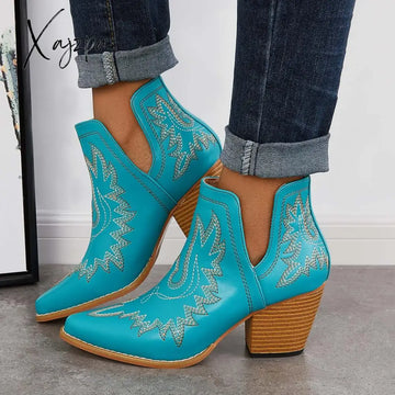 Xajzpa - Western Ankle Cowgirl Boots Slip On Cutout Chunky Heel Booties